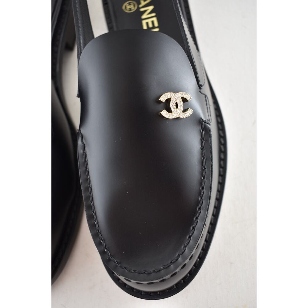 Chanel REV Black Leather CC Crystal Logo Coco Sling Slingback Ballet Flat 40 - Picture 14 of 16